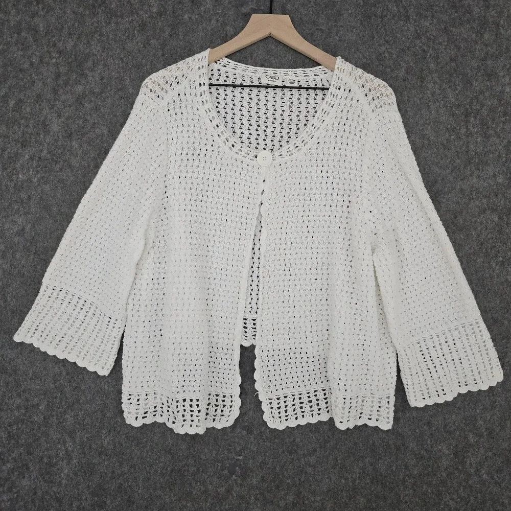 Cato Cardigan Sweater Womens 22/24W White Open Knit Crochet 3/4 Bell Sleeve - Picture 1 of 9
